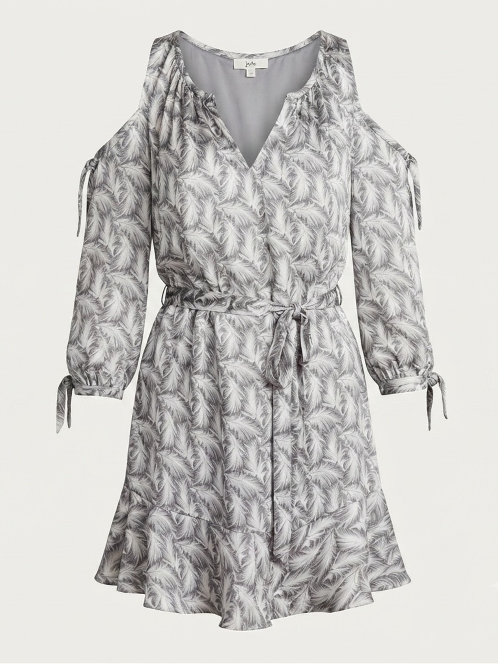 Joie Isaline Feather Cold Shoulder Mini Dress Gray White Print Silk Tie Belt XXS - Picture 1 of 16
